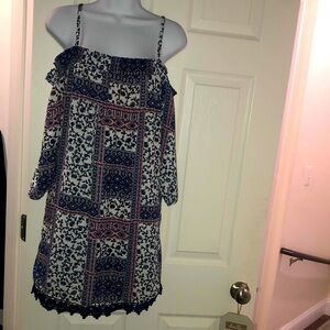 Next Question blue cream Off-Shoulder Mini Sundress